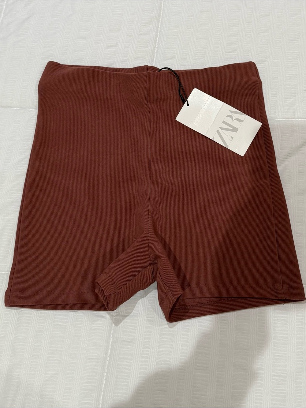 ZARA Ribbed High-Waist Bike Shorts in Deep Brown